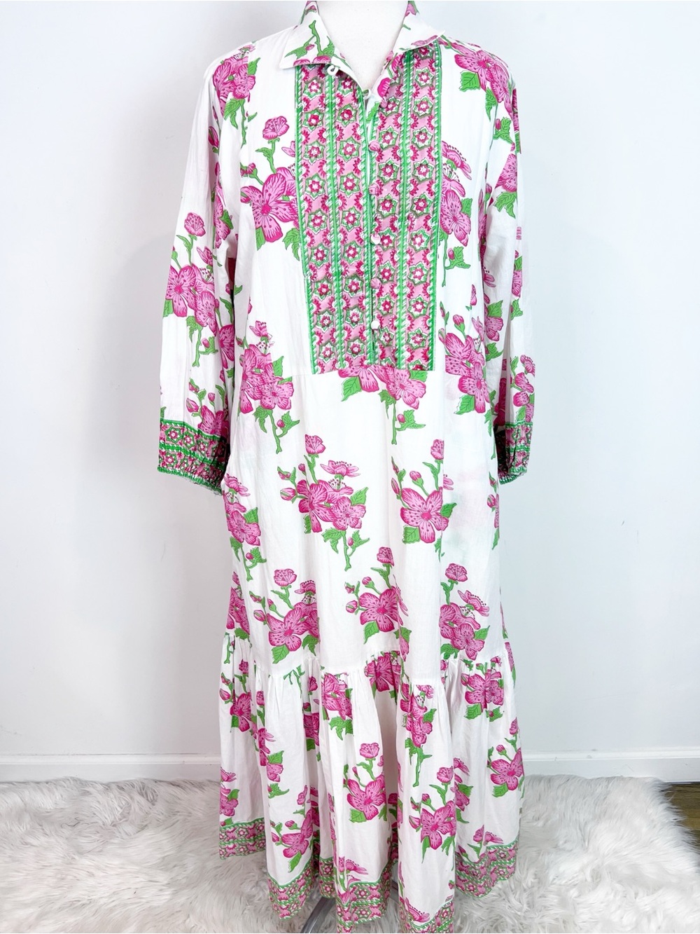 VICTORIA DUNN WHITE PINK GREEN FLORAL PRINT LONG SLEEVE DRESS SZ MEDIUM